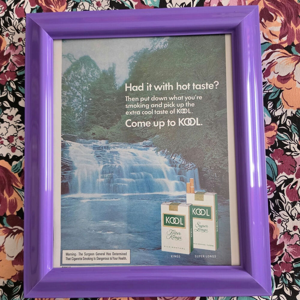 Framed Vintage KOOL Cigarettes Print Ad Waterfall Nature Retro Wall Art Purple